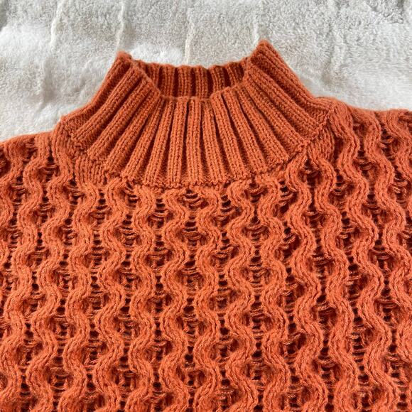 🔥Handmade Cable Knit Turtleneck Orange Pullover Cabin Cottage Retro Sweater - Picture 6 of 13